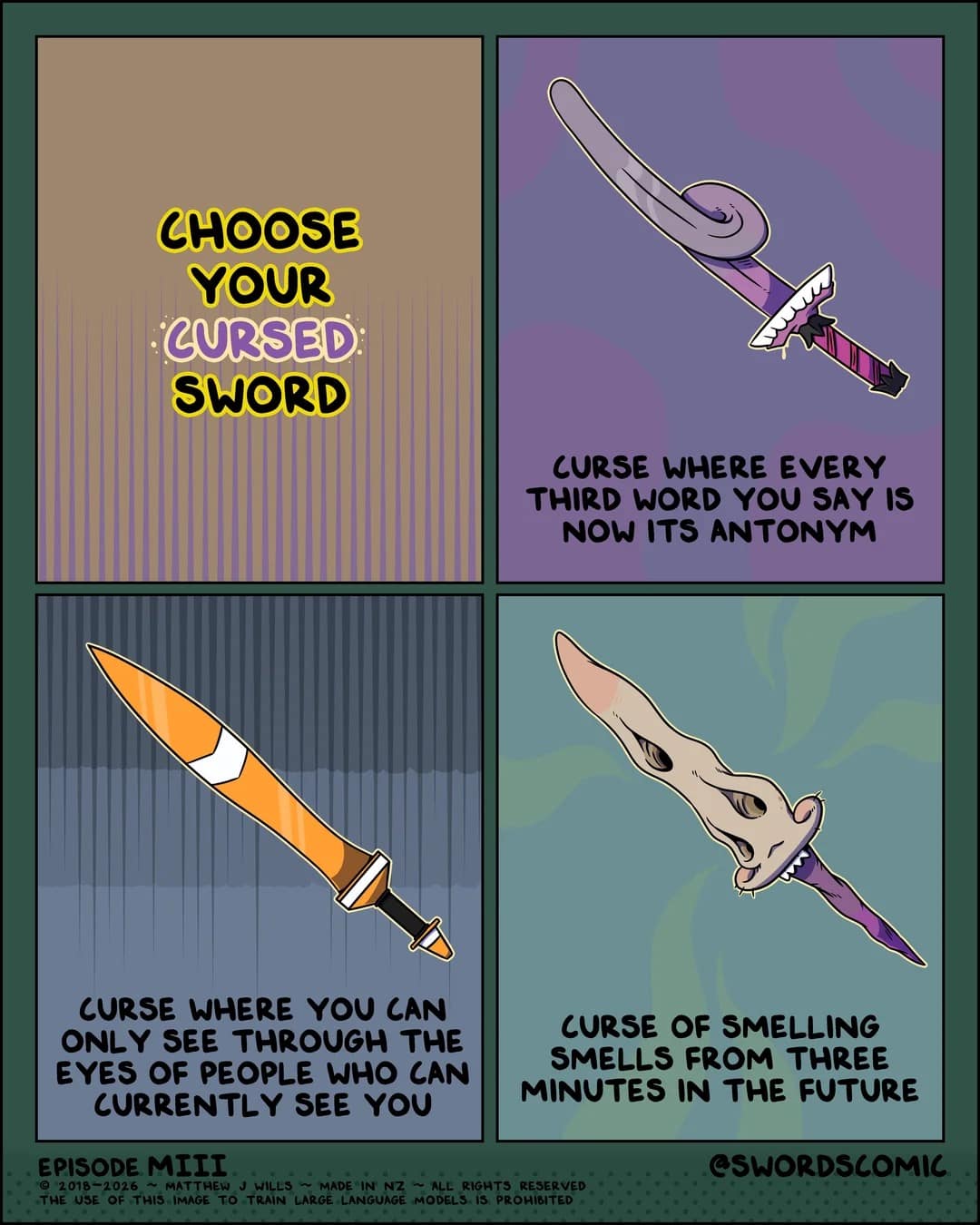 A dnd meme comic from Swordscomic titled "Choose Your Cursed Sword." It presents three bizarre magical items: a sword that turns every third word into an antonym, one that lets you see through the eyes of anyone looking at you, and a nose-shaped sword that smells three minutes into the future.