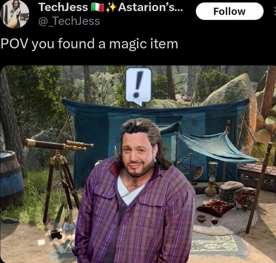 A Baldur's Gate 3 crossover d&d meme featuring the companion Gale of Waterdeep. Gale's face is replaced with a smirking Sal Vulcano from Impractical Jokers, captioned: "POV you found a magic item," referencing Gale’s notorious habit of eating artifacts.
