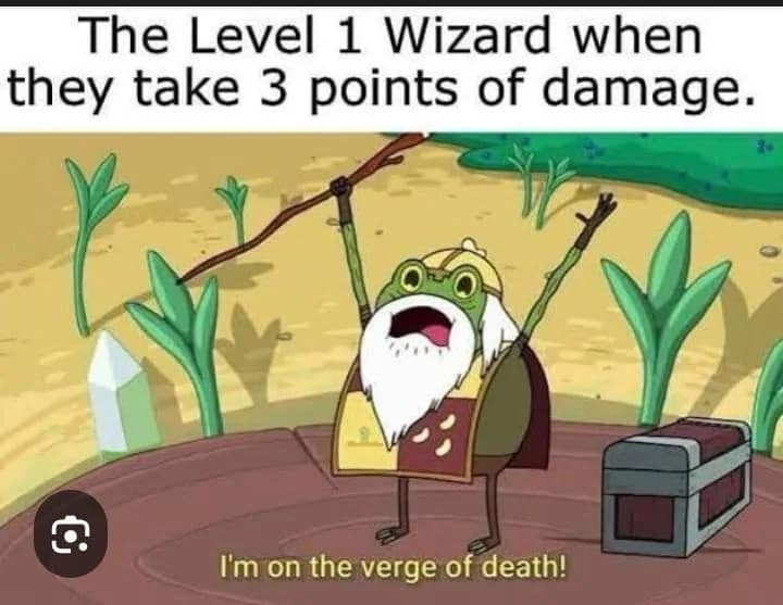 A dramatic dnd meme using a screenshot of a frog wizard from Adventure Time screaming "I'm on the verge of death!" It perfectly illustrates a Level 1 Wizard's fragile state after taking a mere 3 points of damage.