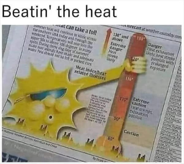 A chaotic weather-related dumb meme featuring a vintage newspaper graphic titled "Beatin' the heat." It depicts a cartoon sun wearing sunglasses and a menacing grin, physically reaching out with a muscular arm to strangle a red thermometer that has spiked to 130 degrees.