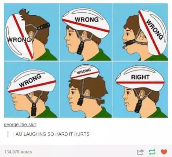 dumb meme displaying a series of instructional panels for bike safety. Five "Wrong" panels show a boy wearing a helmet incorrectly—covering his face, backwards, or even in his mouth like a feedbag—before a final "Right" panel shows proper placement.