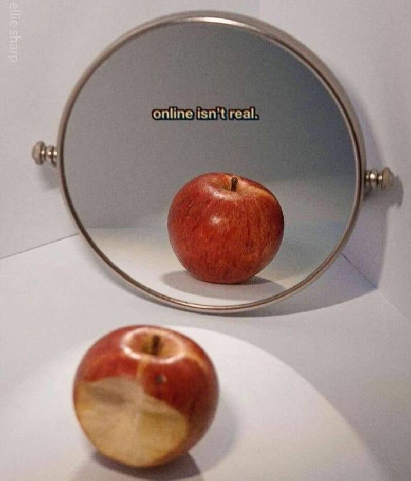 Bruised apple reflects as perfect in mirror with text "online isn't real" highlighting social media fakeness
