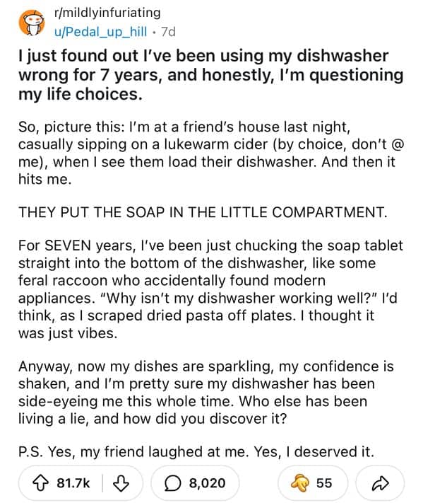 Reddit post user admits using dishwasher wrong for seven years throwing soap tablet in bottom