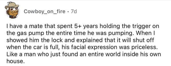 Reddit comment friend held gas pump trigger manually for five years never knew about the locking clip