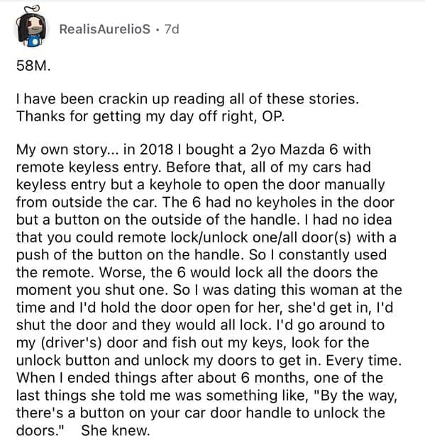 Reddit story man used key remote to unlock Mazda 6 for six months not knowing about door handle button