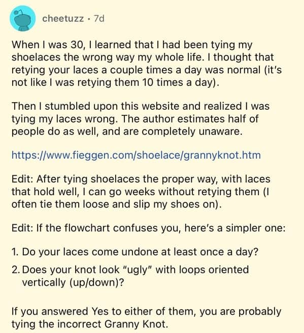 Reddit confession learning at age 30 shoelaces tied wrong entire life using granny knot method