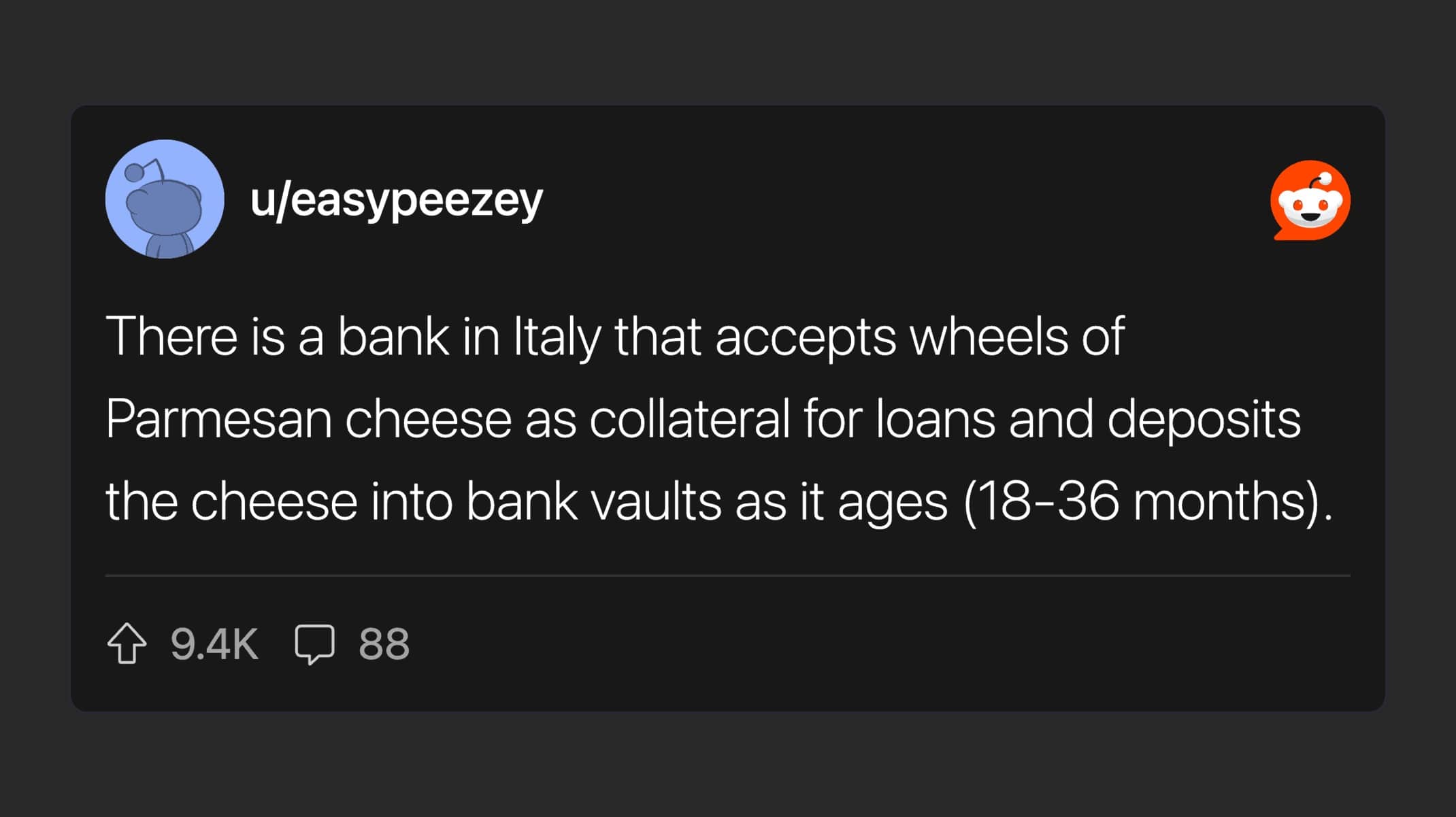 Fact about a bank in Italy accepting wheels of Parmesan cheese as collateral for loans.