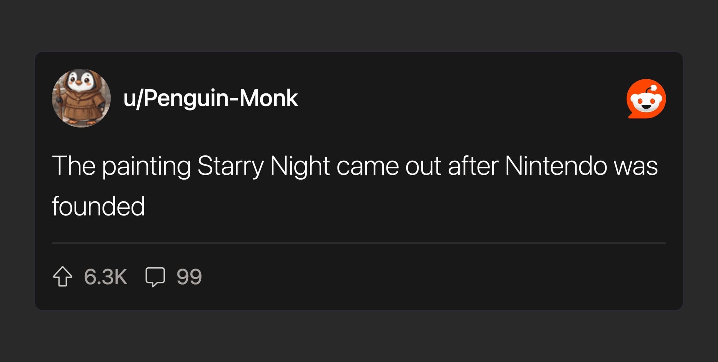 Reddit post noting that the painting Starry Night was created after the founding of Nintendo.