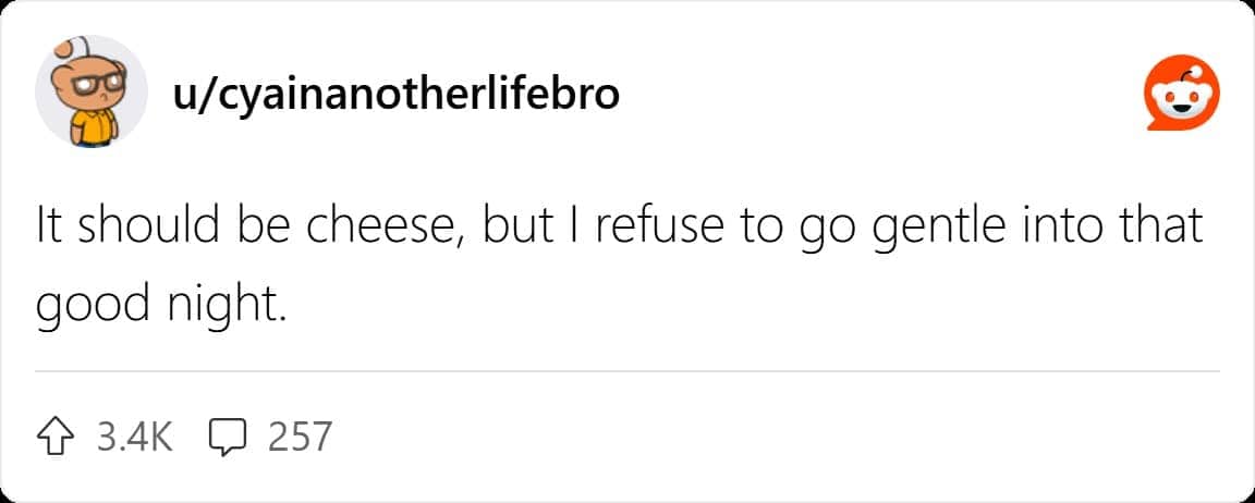 Reddit comment u/cyainanotherlifebro refusing to give up cheese despite aging body protests