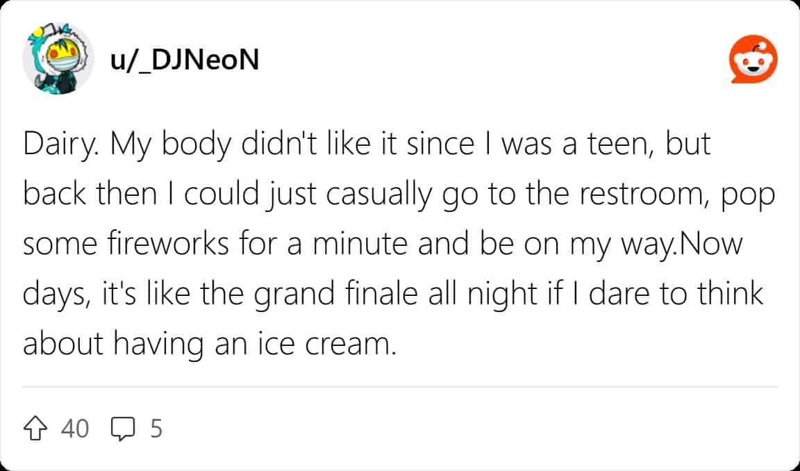 Reddit comment u/DJNeoN comparing dairy intolerance worsening from minor fireworks to grand finale