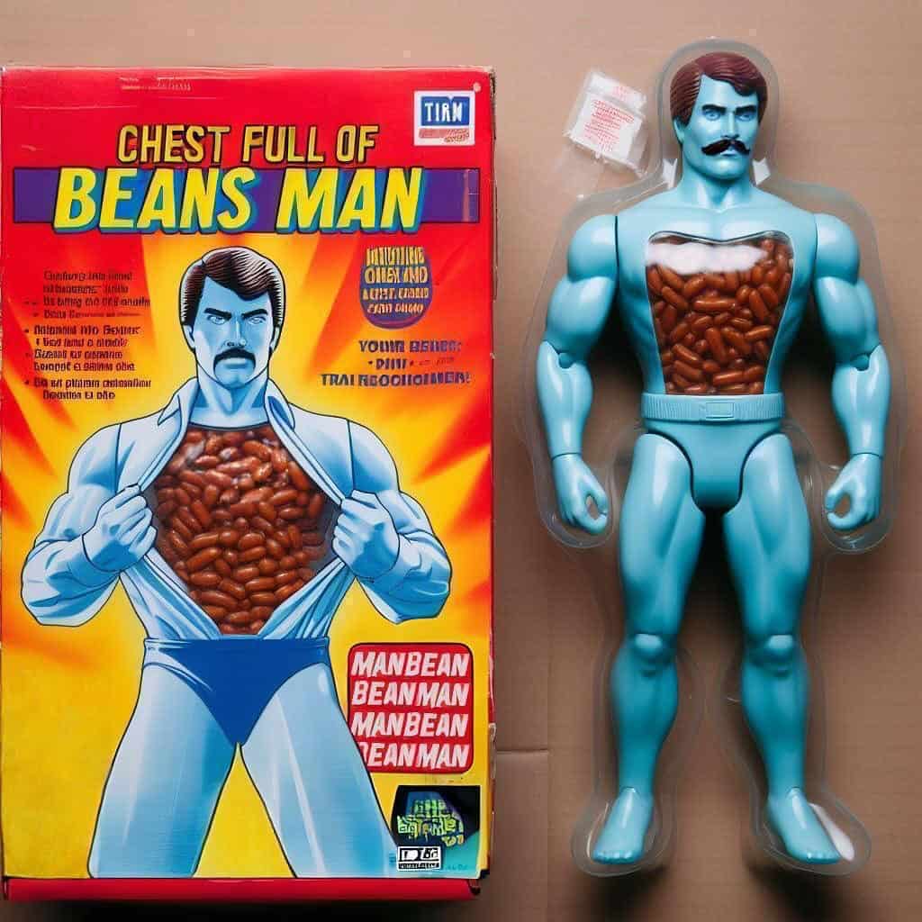 Chest Full of Beans Man blue superhero action figure transparent torso filled with beans