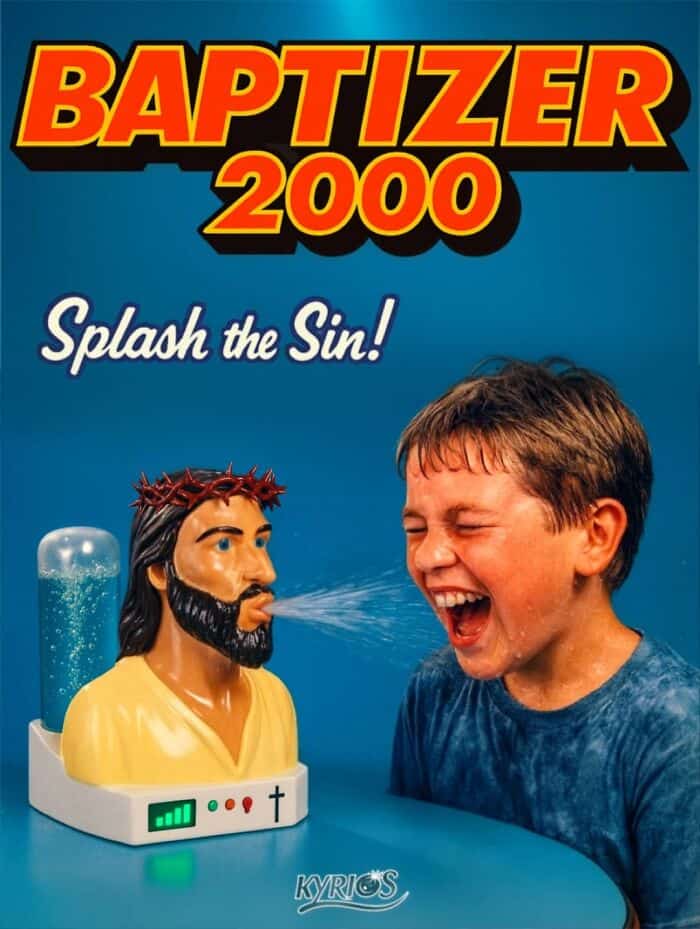 Baptizer 2000 Splash the Sin Jesus bust water sprayer toy Kyrios religious parody ad