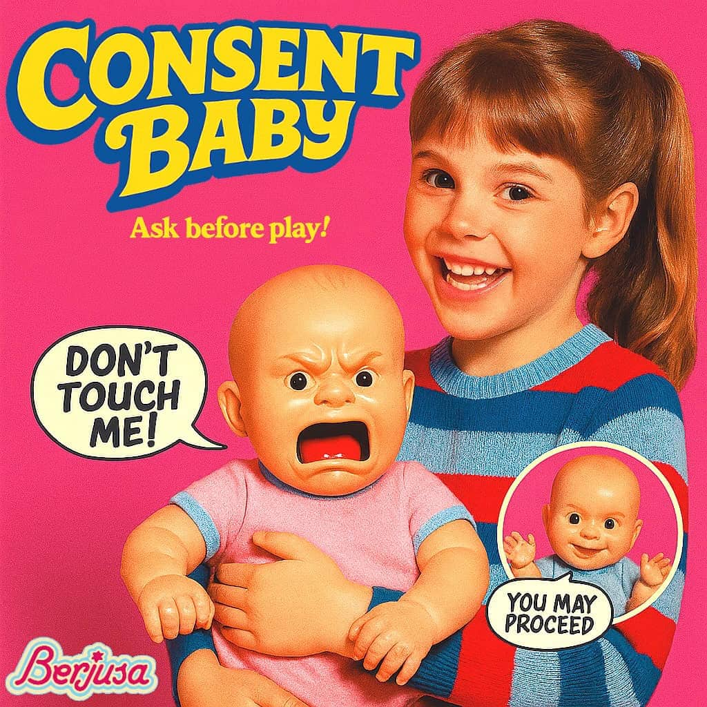 Consent Baby Ask Before Play doll angry face Don't Touch Me speech bubble Berjusa toy