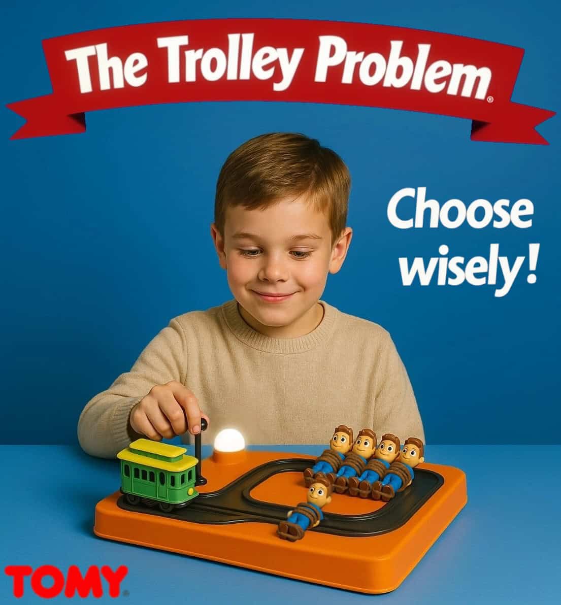 The Trolley Problem TOMY children's toy train track figures tied down ethical dilemma game