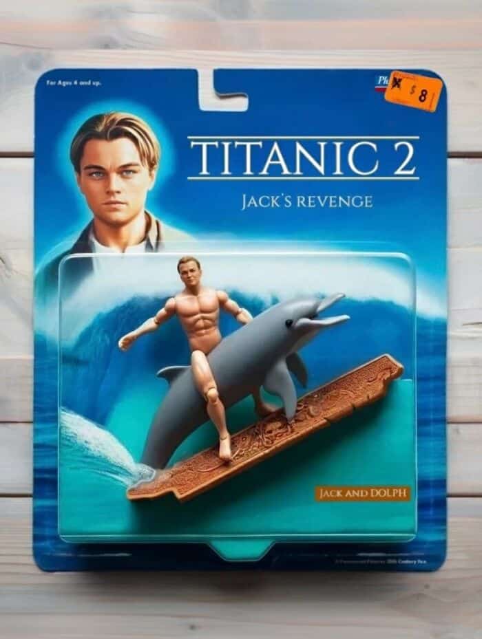 Jack's Revenge action figure Jack riding dolphin on wooden door surfboard