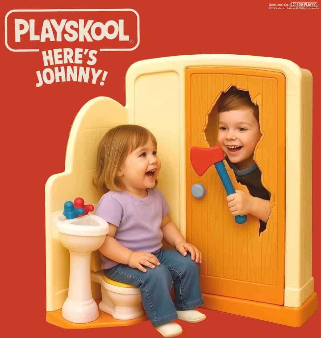 Playskool Here's Johnny Shining parody bathroom playset axe door kids toy ad
