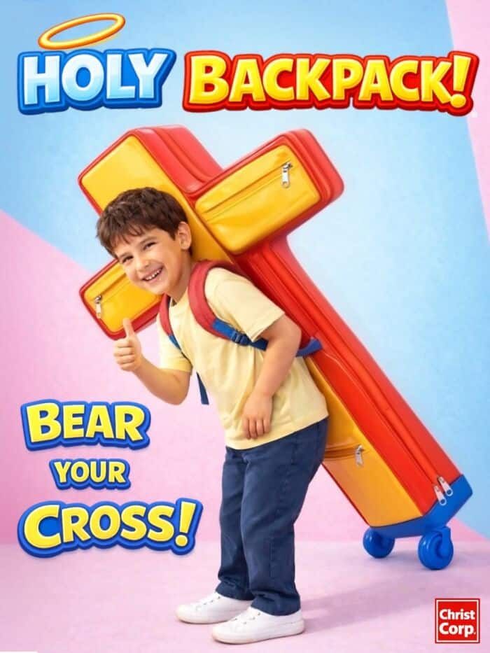 Holy Backpack cross-shaped children's school bag bear your cross Christ Corp toy ad