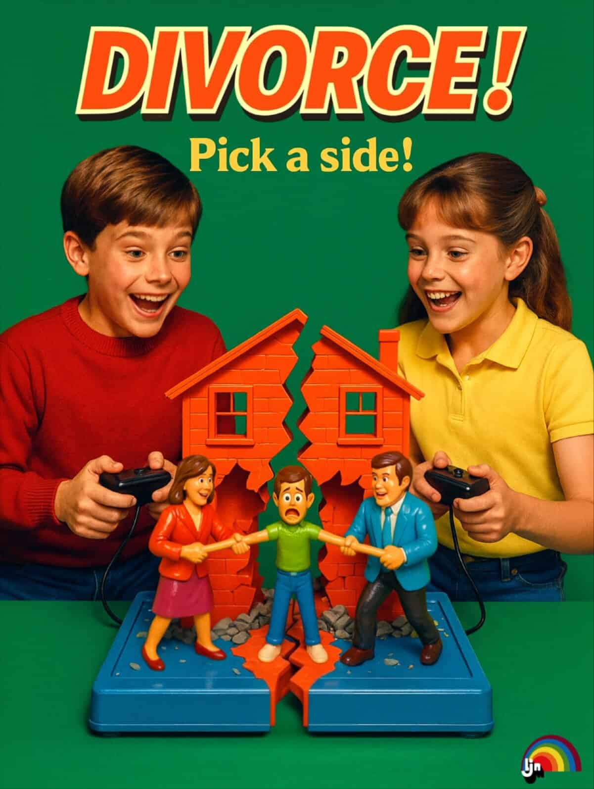 Divorce Pick a Side retro board game kids pulling apart family figure split house