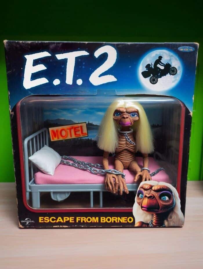 ET 2 Escape from Borneo alien figure chained motel bed Universal parody toy box