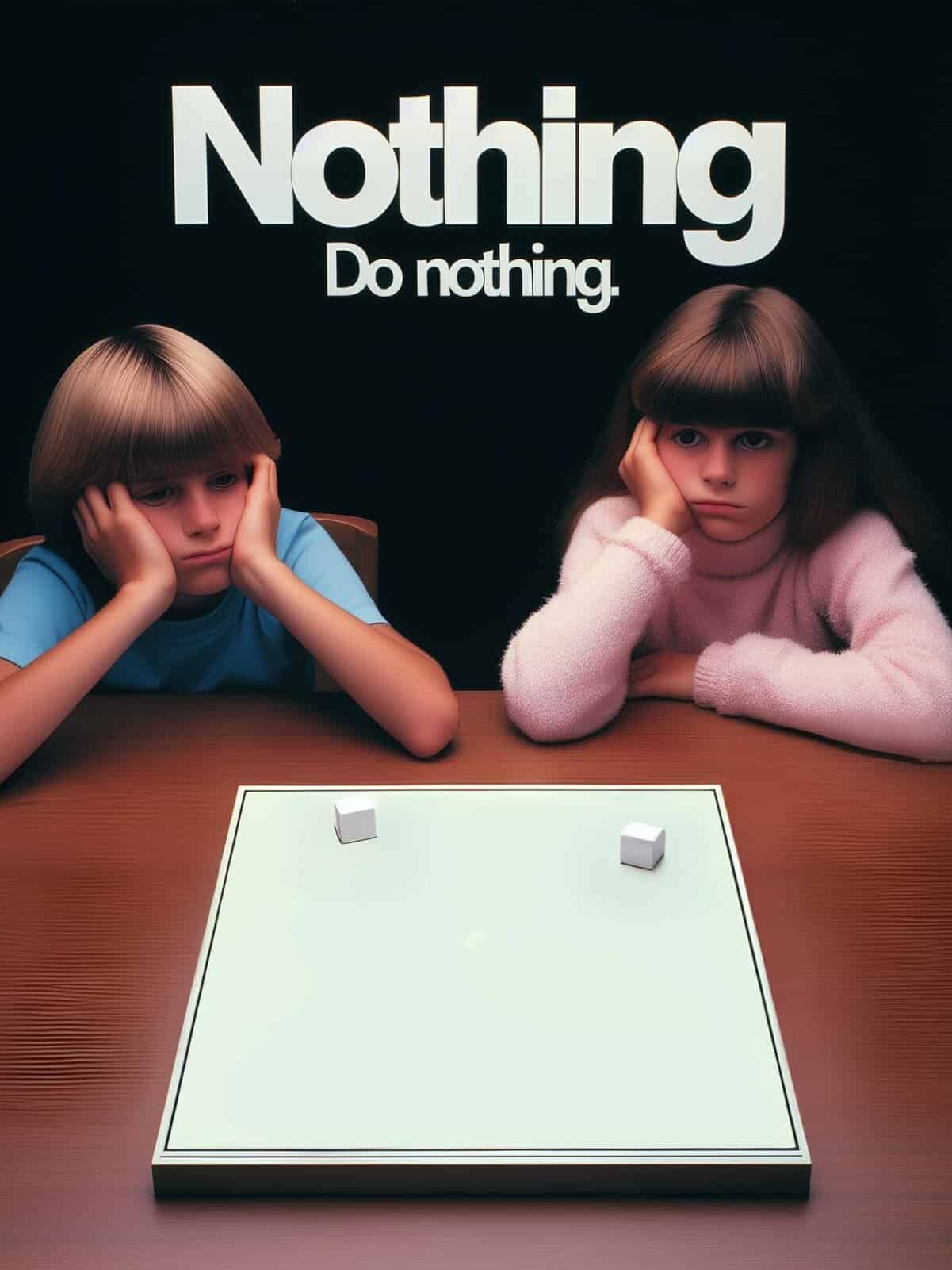 Nothing Do nothing minimalist board game two bored kids staring at blank white board