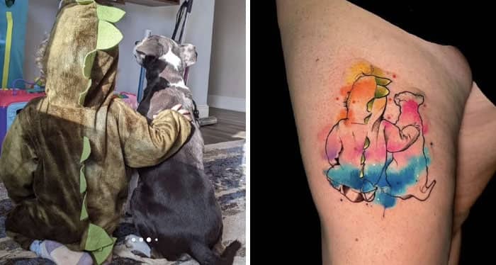 Toddler in dinosaur costume hugging dog transformed into colorful watercolor tattoo on thigh