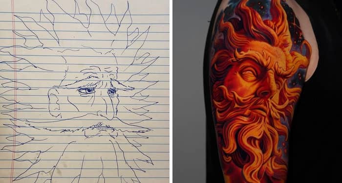 Rough pen drawing of sun face transformed into vibrant flaming sun god shoulder tattoo