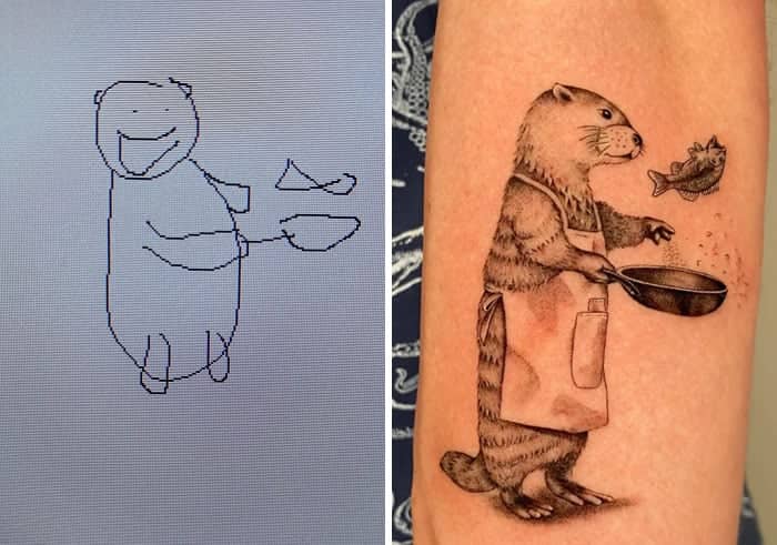 Childlike stick figure drawing of otter cooking transformed into detailed chef otter tattoo