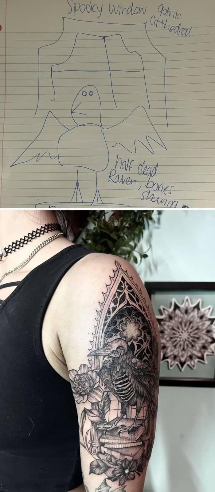 Kid's rough sketch of half-dead raven transformed into gothic cathedral window skeletal tattoo
