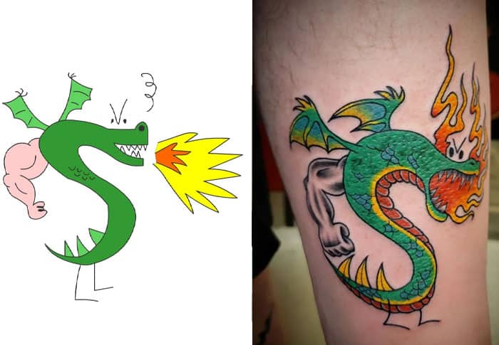 artoon drawing of green fire-breathing dragon reimagined as colorful traditional dragon tattoo