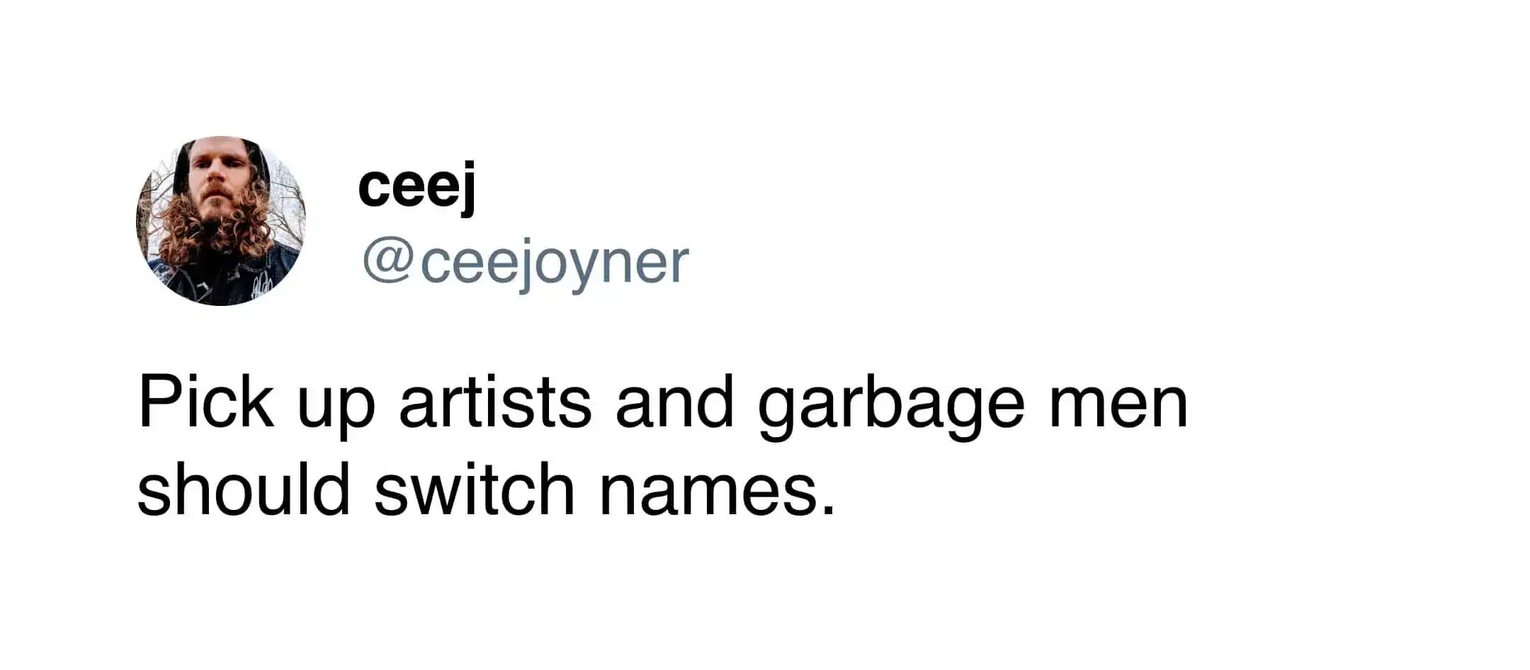 A punchy, one-liner funniest tweets entry from ceej. The simple text suggests a logical linguistic swap: "Pick up artists and garbage men should switch names."