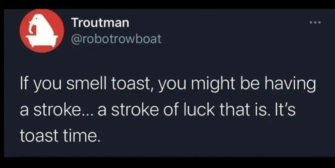 A surreal and optimistic funniest tweets post from @robotrowboat. It subverts the common medical warning that "smelling toast means a stroke" by declaring it a "stroke of luck" and announcing that "It's toast time."