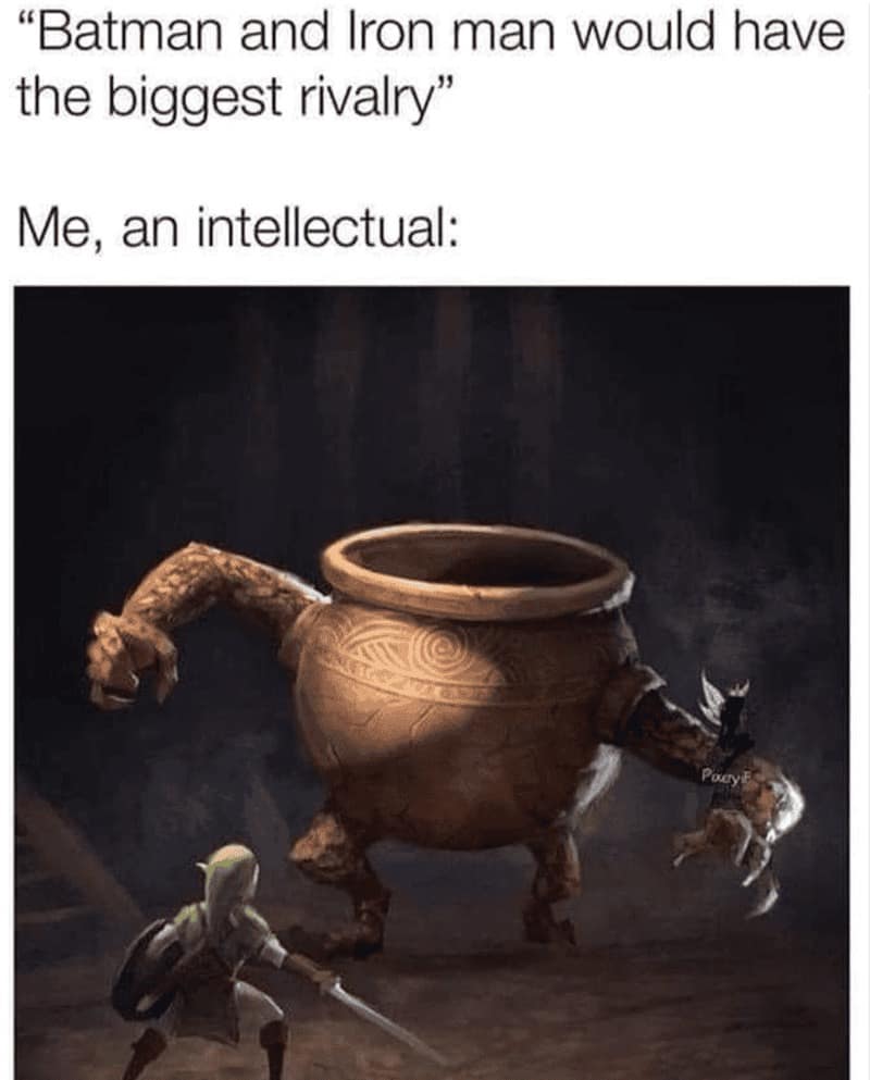 funny rpg meme that settles the debate on the "greatest rivalry." While some suggest Batman and Iron Man, the image shows a cinematic painting of Link from The Legend of Zelda squaring off against a colossal, sentient earthenware pot with muscular arms, tapping into the character's legendary obsession with smashing pottery.