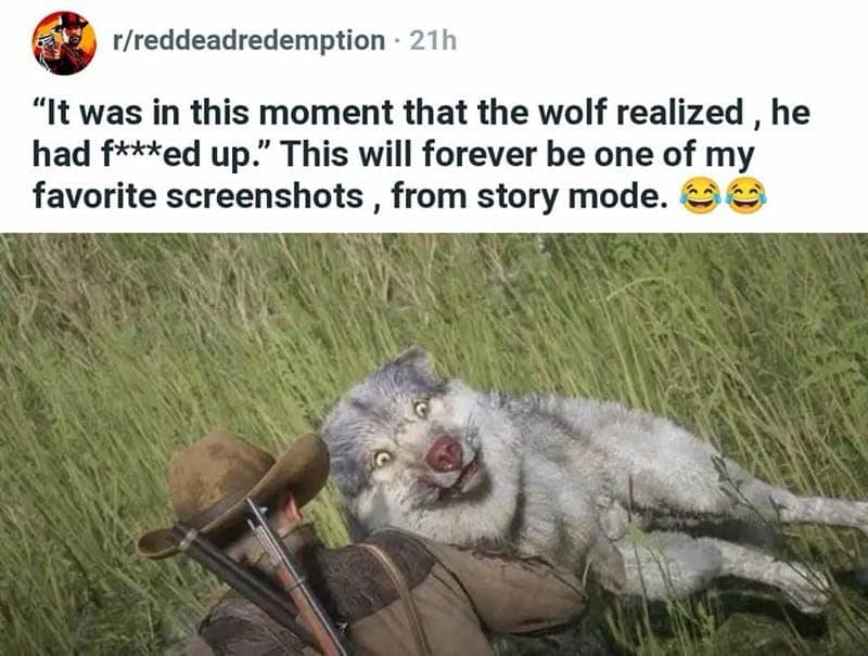 A screenshot from the Red Dead Redemption subreddit showing Arthur Morgan mid-combat, wrestling a wolf to the ground. The wolf has a wide-eyed, terrified expression, with the caption: "It was in this moment that the wolf realized, he had f***ed up."