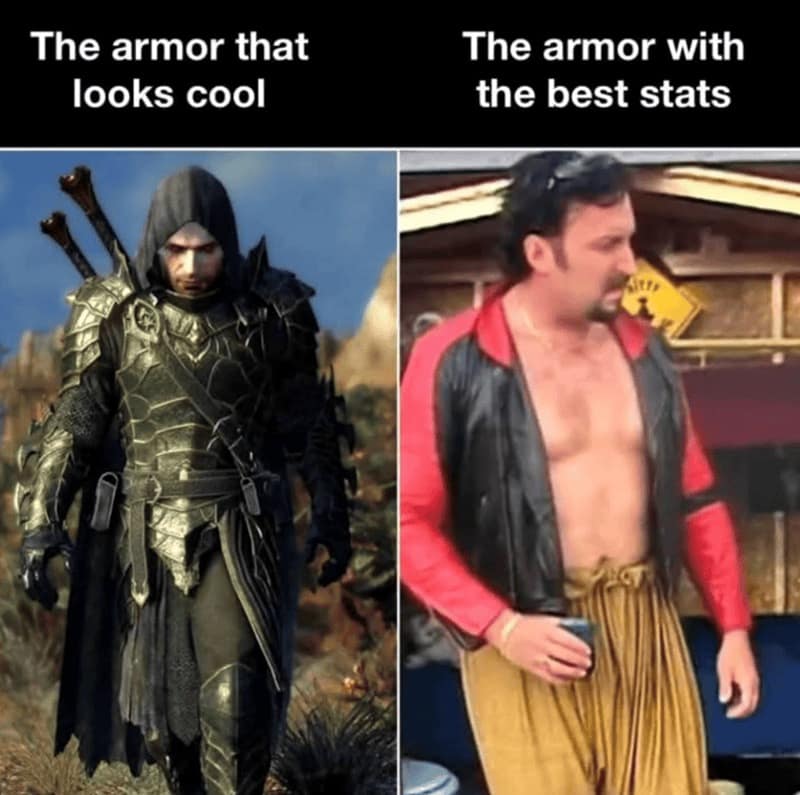 A classic funny rpg meme comparing "The armor that looks cool" with "The armor with the best stats." On the left is a sleek, black-and-gold medieval knight; on the right is Julian from Trailer Park Boys wearing a wide-open leather jacket, no shirt, and oversized yellow baggy pants.