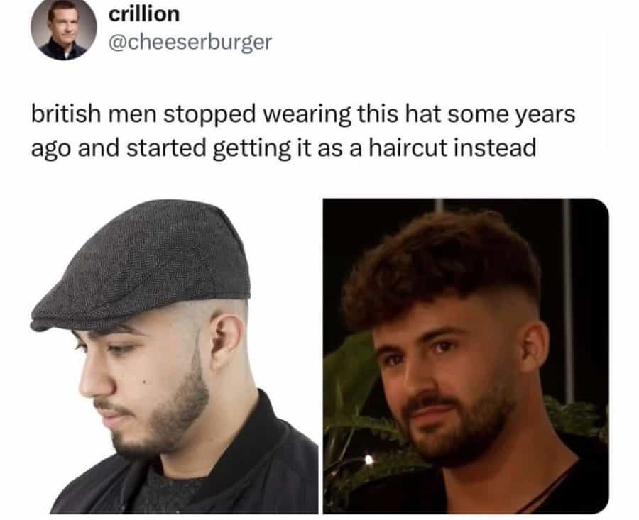 fashion-forward british meme comparing the evolution of UK style. The text observes that British men stopped wearing traditional flat caps and simply started getting the exact same shape as a curly, high-fade haircut instead, shown side-by-side.