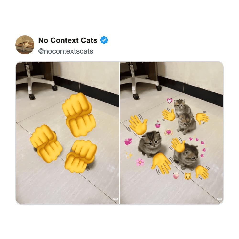 A chaotic cat meme features three tiny kittens on a tile floor being surrounded by large floating fist and hand emojis, creating a surreal and protective visual.