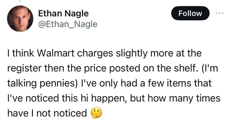 A screenshot of a tweet about Walmart overcharging customers at the register.