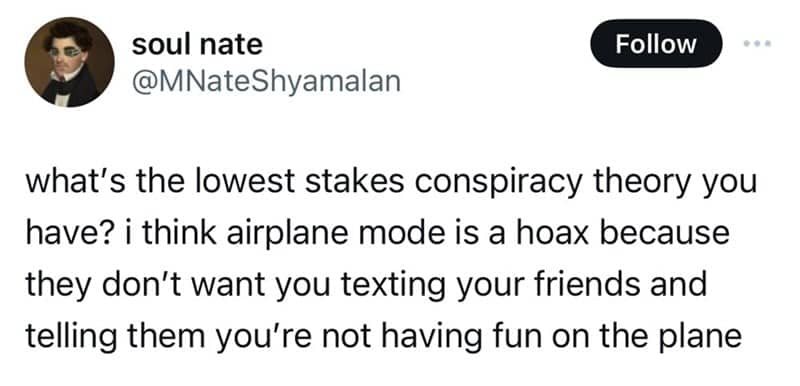 iPhone screenshot of tweet questioning if airplane mode is a hoax.
