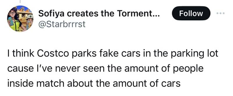Twitter post describing a theory about Costco parking fake cars.