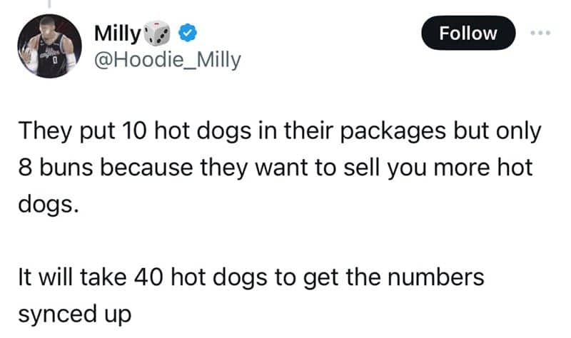 Tweet calculation for syncing 10 hot dogs with 8 buns.