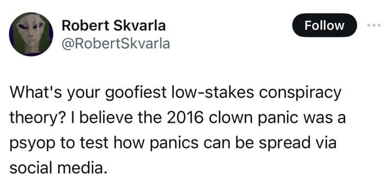 Screenshot of a tweet suspecting the 2016 clown panic was a social media experiment.