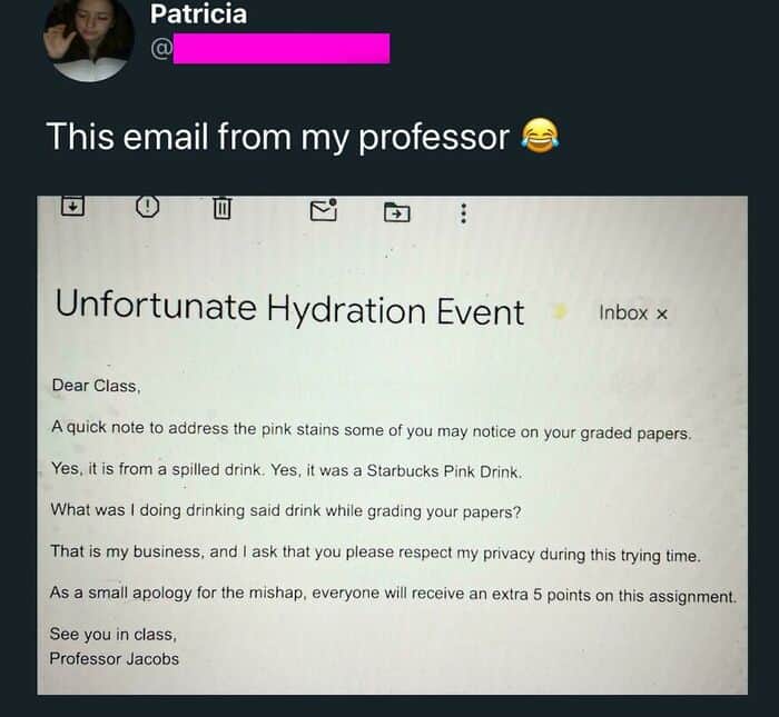 Viral professor email titled "Unfortunate Hydration Event" apologizing for Starbucks Pink Drink spill on graded papers