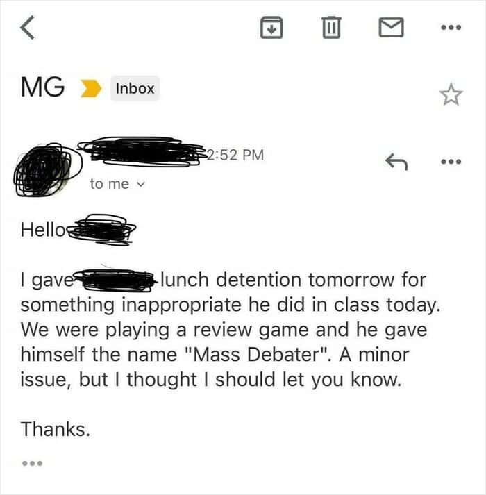 Parent email from teacher explaining student gave himself the name "Mass Debater" during class review game