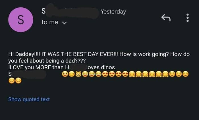 Adorable child email to dad declaring best day ever and love greater than sibling loves dinosaurs