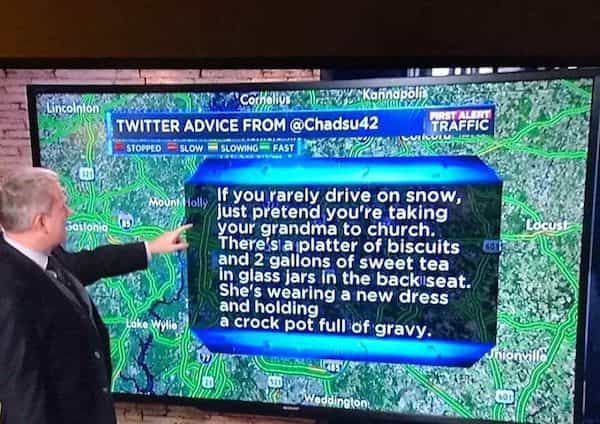A weather reporter pointing at a viral tweet about driving on snow like carrying grandma's gravy.