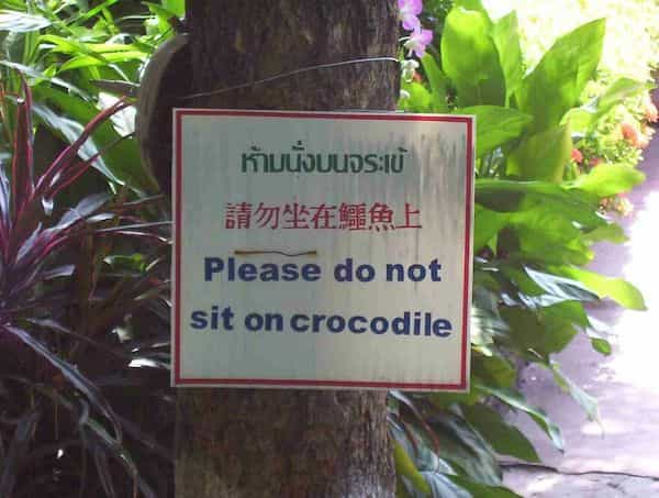 A park warning sign in multiple languages strictly telling visitors please do not sit on crocodile.