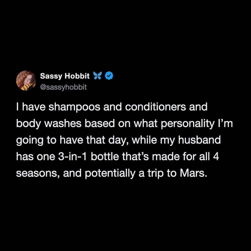Funny tweet from Sassy Hobbit comparing her elaborate shower routine to husband's single 3-in-1 bottle.