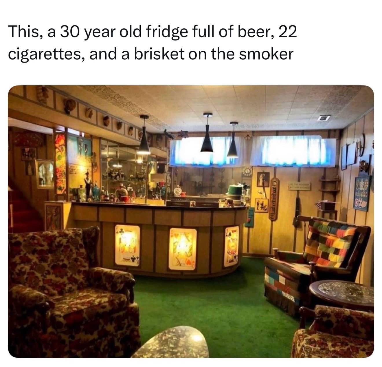 Retro wood-paneled basement bar with green carpet representing a classic aesthetic for a party.