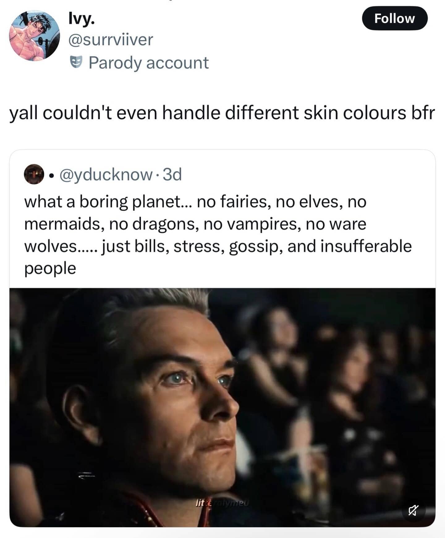 Meme featuring Homelander with a caption about the irony of humans wanting mythical fantasy creatures.