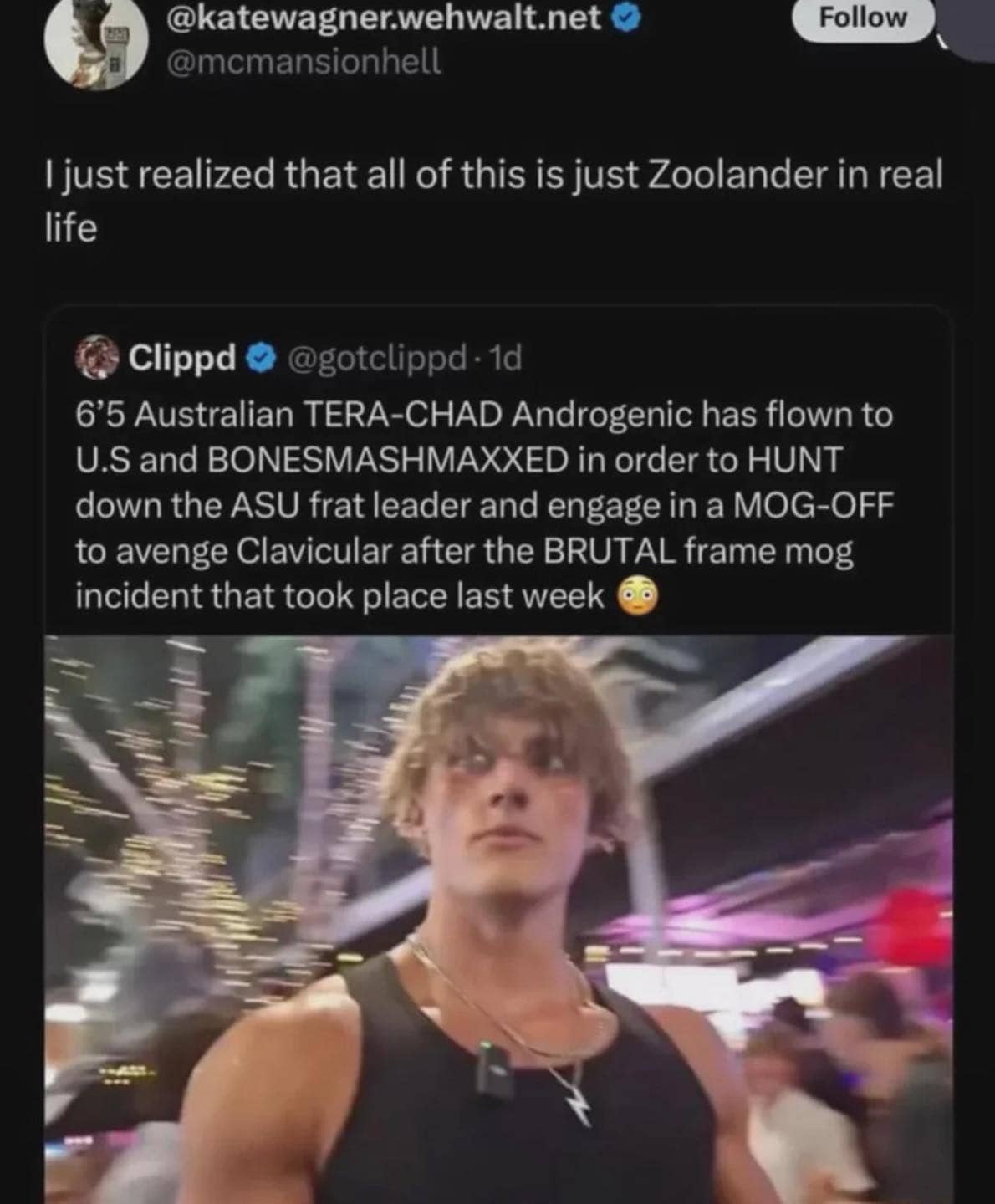 Meme comparing Gen Z looksmaxxing slang to the movie Zoolander with a muscular man